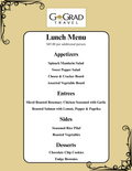 GoGrad Travel Luncheon menu displaying various meal options on a printed lunch menu.