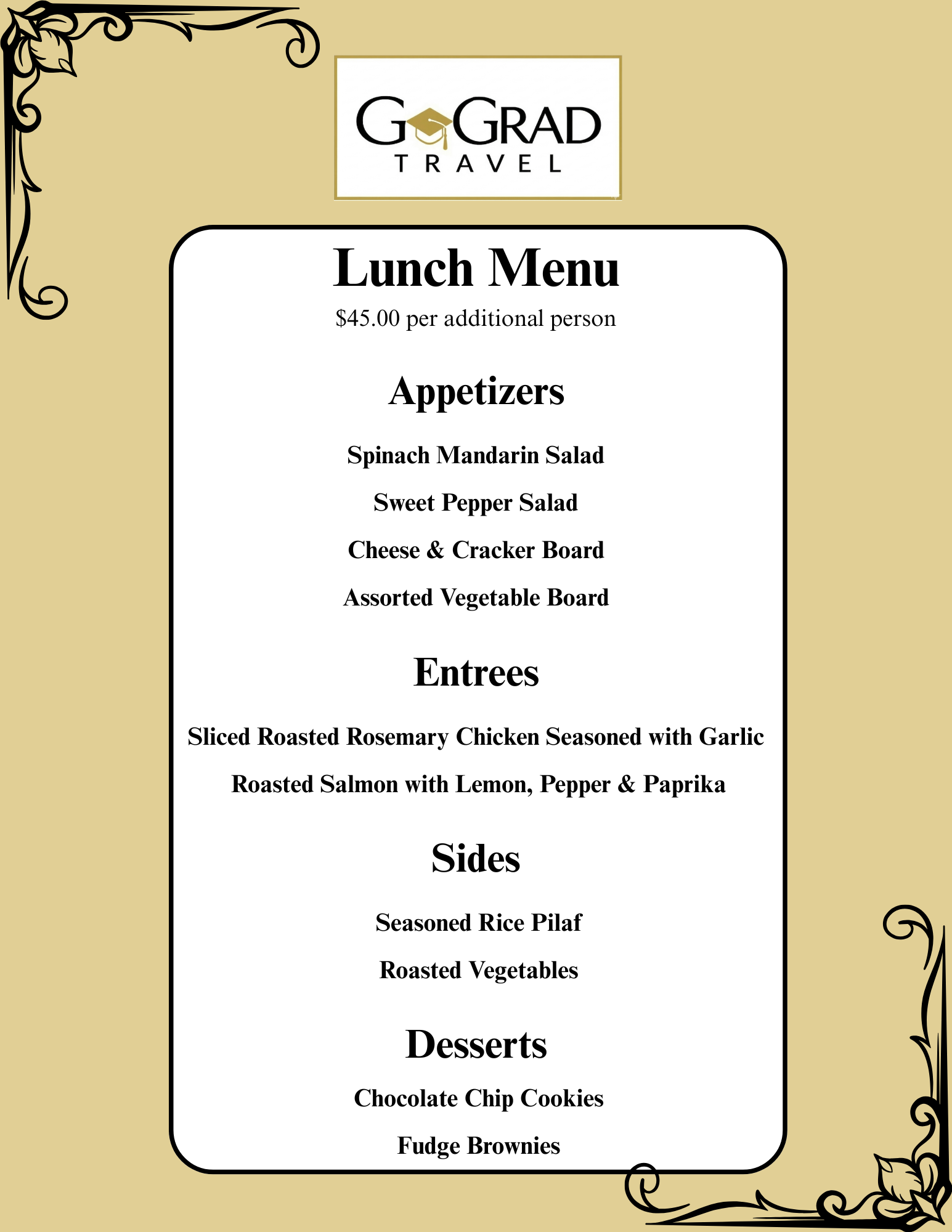 GoGrad Travel Luncheon menu displaying various meal options on a printed lunch menu.